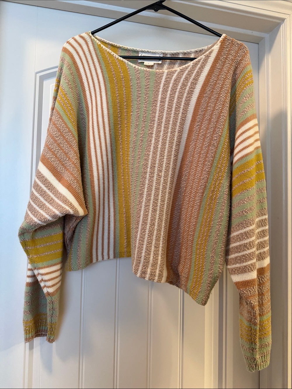Striped Cropped Knit Sweater in Cream, Tan, Mauve & Green